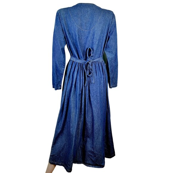 Vintage 90s Denim Midi Dress Women Medium Teacher Embellished Rhinestone 8 10 M - Picture 4 of 16